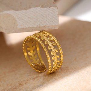 New Stainless Steel Leaves Ring Statement Metal Gold 18 K Plated